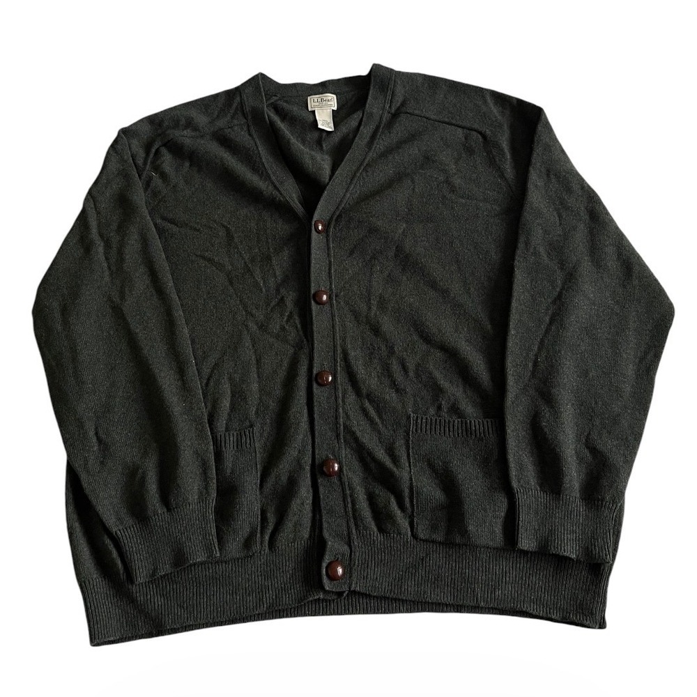 LL Bean Lambswool Cardigan Sweater Men Large Green Pockets Preppy Grapacore QY82